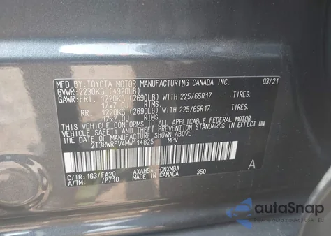 2021 Toyota Rav4 Hybrid Xle из США, поврежденный, VIN 2T3RWRFV4MW114825